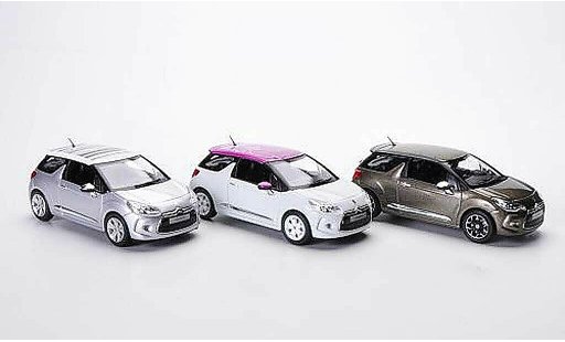 DS Automobiles DS3 Berline 1/43 Norev 3er-Set: white/Flower - grey/Grafic Art and oliv/Falvio 2012 diecast model cars