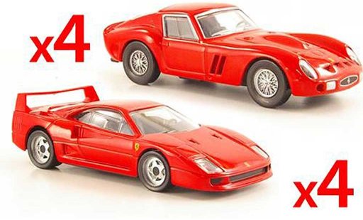 Ferrari 250 GTO 1/43 Hot Wheels -Set 4 x F40 red and 4 x red diecast model cars