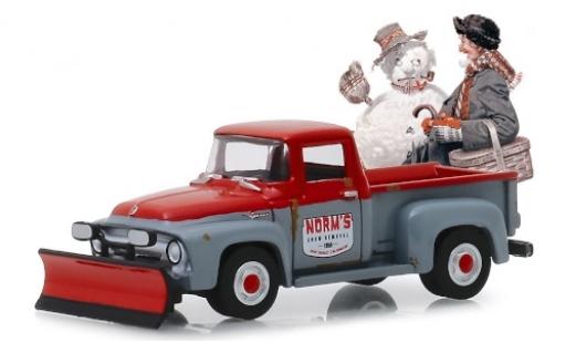 Ford F-1 1/64 Greenlight 00 grey/red Norms Snow Removal 1956 mit Schneepflug und Gebrauchsspuren diecast model cars