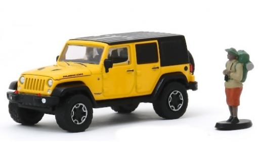 Diecast model cars Jeep Wrangler 1/64 Greenlight Unlimited Rubicon Hard Rock yellow/black 2015 mit Backpackerfigur Jeep Wrangler 1/64 Greenlight Unlimited Rubicon Hard Rock yellow/black 2015 mit Backpackerfigur diecast model cars
