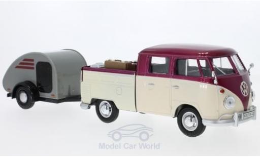 Volkswagen T1 B 1/24 Motormax Doppelkabine metallic red/beige mit Surfboard und Teardrop-Anhänger diecast model cars